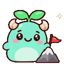 A cute teal monster with horns and a sprout on its head stands next to a mountain peak while holding a red flag.