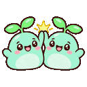 Two cute green sprouts with leaves on their heads high-fiving each other with hearts and stars appearing above them.