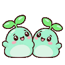 Two cute green sprouts with leaves on their heads standing side by side and occasionally displaying a thought bubble.
