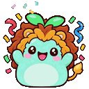 A cute teal creature with a brown mane cheering with its arms raised while colorful confetti falls around it.
