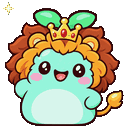 A small, light green lion cub with a brown mane and a golden crown smiles happily.