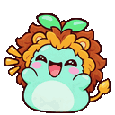 A small teal creature wearing a lion mane costume cheering and smiling with its arms raised.