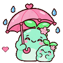 Two cute green blobs with leaf sprouts on their heads stand together under a pink umbrella while pink hearts and blue raindr…