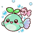 A round mint-green fish with a green sprout on its head and a small pink fish swimming together surrounded by floating blu...