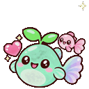A cute teal fish with a green sprout on its head and a small pink fish next to it, both surrounded by floating hearts and ...