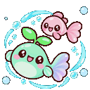 A green creature with a sprout and a pink fish swimming in a circle of blue bubbles.
