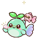 A small green whale wearing glasses holds a glowing pearl while a tiny pink fish swims nearby.