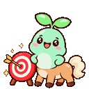 A cute green sprout-headed centaur stands proudly next to a red target with an arrow in the center.