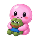 A pink rounded character hugging a small green frog plushie with a gentle smile.