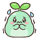 A light green sprout character with a worried expression, sweating and trembling with anxiety.