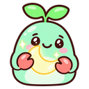 A cute green creature with a sprout on its head and pink claws holding a glowing yellow crescent moon with a happy expressio…