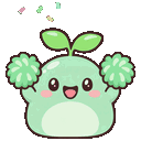 A small green sprout creature with leaves on its head cheering with green pom-poms as confetti falls.