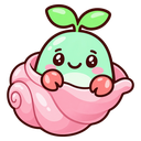 A small green creature with a sprout on its head smiling while sitting inside a pink spiral shell.