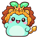 A small teal lion cub with a fluffy brown mane and a golden crown smiling happily.