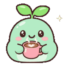 A small green sprout character with a happy expression holding a steaming pink coffee mug.