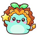 A cute, light blue creature with a brown mane and a green sprout on its head, smiling happily while holding a yellow star.
