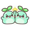 Two light green sprout creatures with leaves on their heads smiling and giving each other a high-five with a yellow starburs…