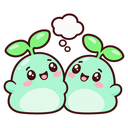Two identical light green sprout creatures with happy faces and leaves on their heads standing side-by-side with a shared th…