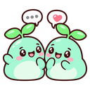 Two cute green sprouts with leaves on their heads smiling at each other with speech bubbles containing dots and a heart.