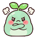 A cute green sprout creature with crossed arms and steam coming out of its head looking angry.