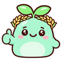 A cute green sprout character with a golden wreath on its head giving a thumbs up gesture.