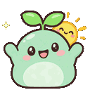 A cute green sprout character with a leaf on its head waves happily next to a smiling yellow sun.