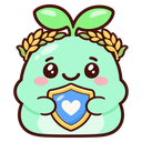 A cute green sprout character with a golden wreath on its head holding a blue shield with a white heart on it.