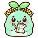 A cute green sprout character with a laurel wreath smiling while holding a clipboard and pencil to mark off a checklist.