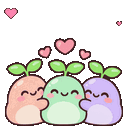 Three pastel-colored creatures with green sprouts on their heads hugging each other while small pink hearts float above them.