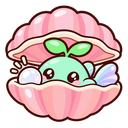 A small green creature with a sprout on its head peeking out from a pink open seashell while holding a white pearl.