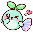 A round, mint-colored creature with a sprout on its head winking and blowing a pink heart kiss.