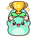 A cute mint-colored creature with a leaf on its head holding a golden trophy above its head with sparkling effects.