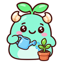 A cute teal creature with a sprout on its head smiles while watering a small potted plant.