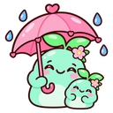 Two cute mint-colored blobs with leaves on their heads smiling while sharing a pink umbrella during a rain shower.