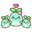 Three light-green, sprout-headed blobs smiling brightly with a pink heart floating above them.