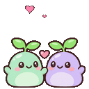 Two cute green and purple sprouts with leaves on their heads swaying together with pink hearts floating above them.