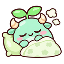 A mint-colored creature with horns and a sprout on its head sleeping peacefully under a blanket with a pillow.