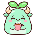 A cute green creature with small horns and a sprout on its head smiling while holding a small pink cup of coffee.