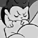 A small cartoon creature with fangs rapidly opening and closing its mouth while eating.