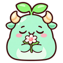 A small mint-colored creature with horns and a sprout on its head peacefully smelling a small white flower.