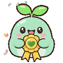 A cute green sprout character with a leaf on its head smiles while holding a gold medal with a heart in the center.