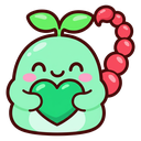 A cute green creature with a red scorpion tail and leaves on its head, blushing while holding a green heart.