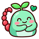 A light green, rounded creature with a red scorpion tail and a small green heart, smiling with eyes closed and hands held ...
