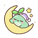 A small green creature with a sprout on its head wearing a nightcap and sleeping on a yellow crescent moon with stars.