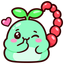 A cute green creature with a sprout on its head and a red scorpion tail winks while holding a finger to its mouth, with a sm…