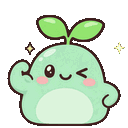 A small green creature with a sprout on its head winks while flexing its arm to show off its strength.