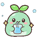 A small green sprout creature with leaves on its head happily drinking water from a glass with a straw.