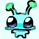 A small blue alien creature with large dark eyes and two antennae looking forward with a curious expression.