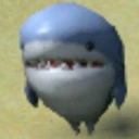 A 3D rendered shark with wide eyes and a slightly open mouth looking confused.