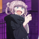 Anime girl with light hair and a black hoodie laughing with hands near her face.